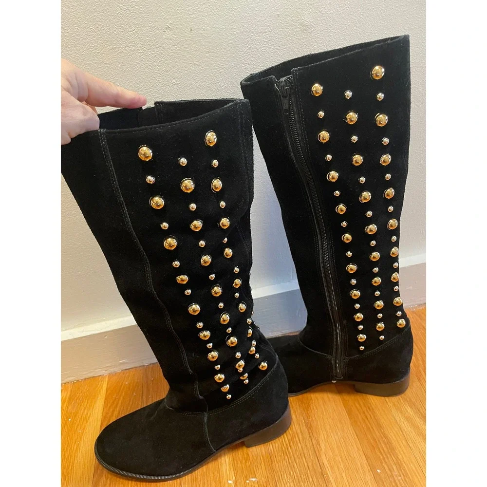 Black Studded Knee-High Boots - Suede Look